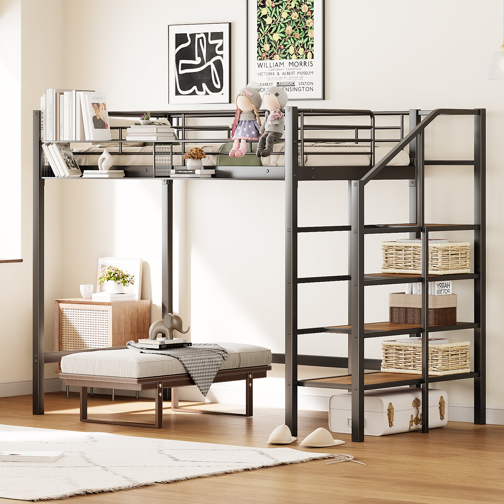 Twin Size Metal Loft Bed With Upper Grid Storage Shelf And Lateral Storage Ladder, Black Black Mdf Metal