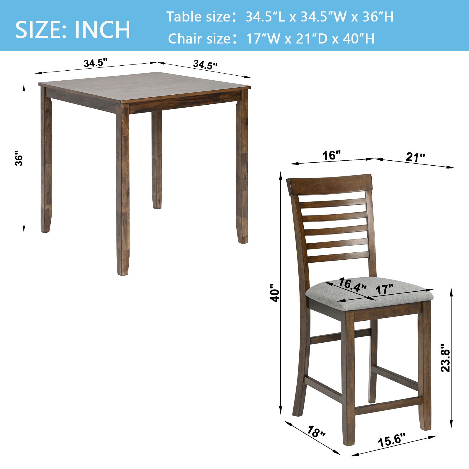 5 Piece Dining Table Set, Wooden Dining Square Table Set For 4, Counter Height Kitchen Table Set With Square Table And 4 Upholstered Chairs For Small Space, Walnut Wood Walnut Seats 4 Gray Wood Dining Room Acacia 4 Leg Square Dining Table With Chair