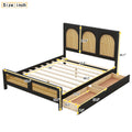 Full Size Wood Storage Platform Bed With 2 Drawers, Rattan Headboard And Footboard, Black Box Spring Not Required Full Black Wood Bathroom Wood Rattan