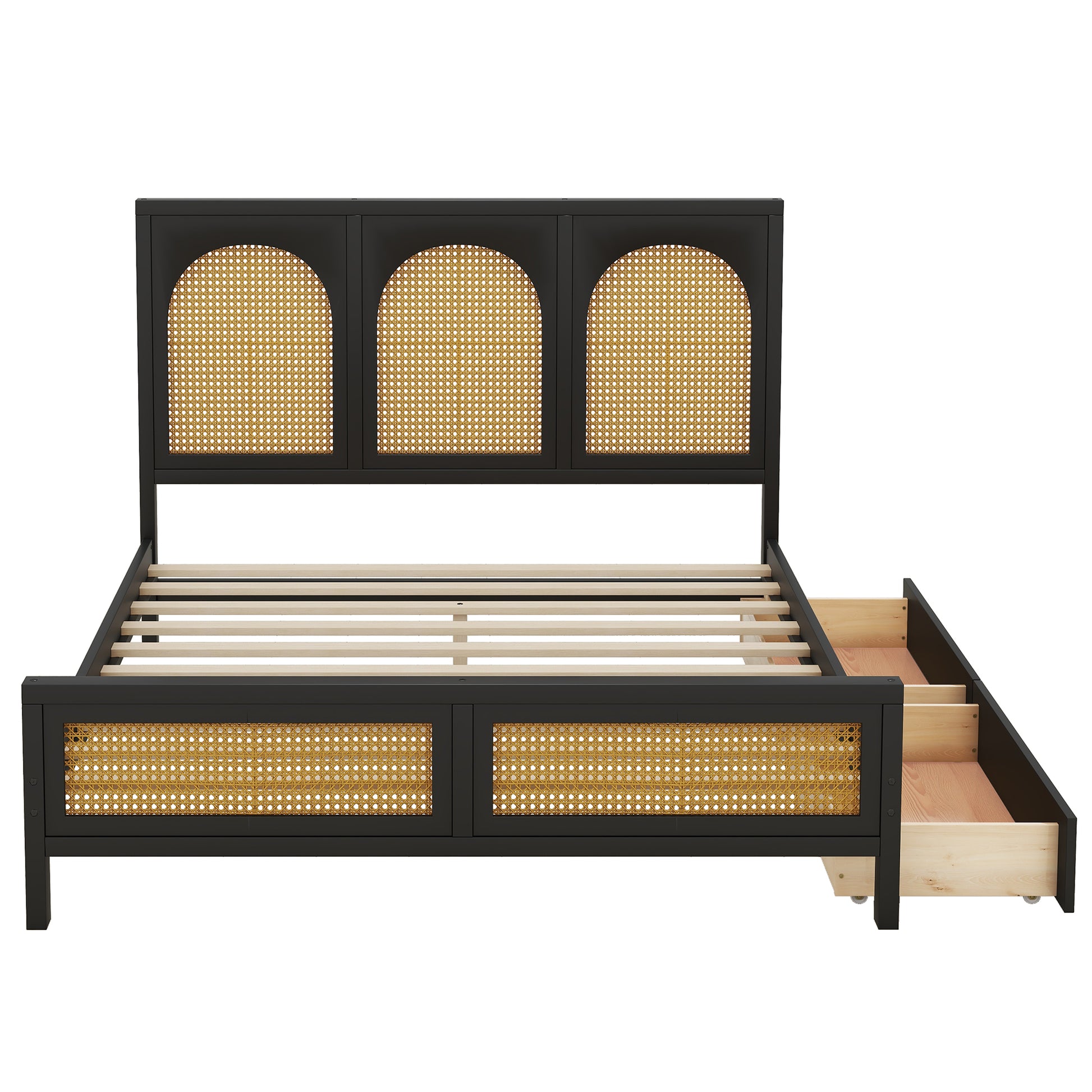 Full Size Wood Storage Platform Bed With 2 Drawers, Rattan Headboard And Footboard, Black Box Spring Not Required Full Black Wood Bathroom Wood Rattan