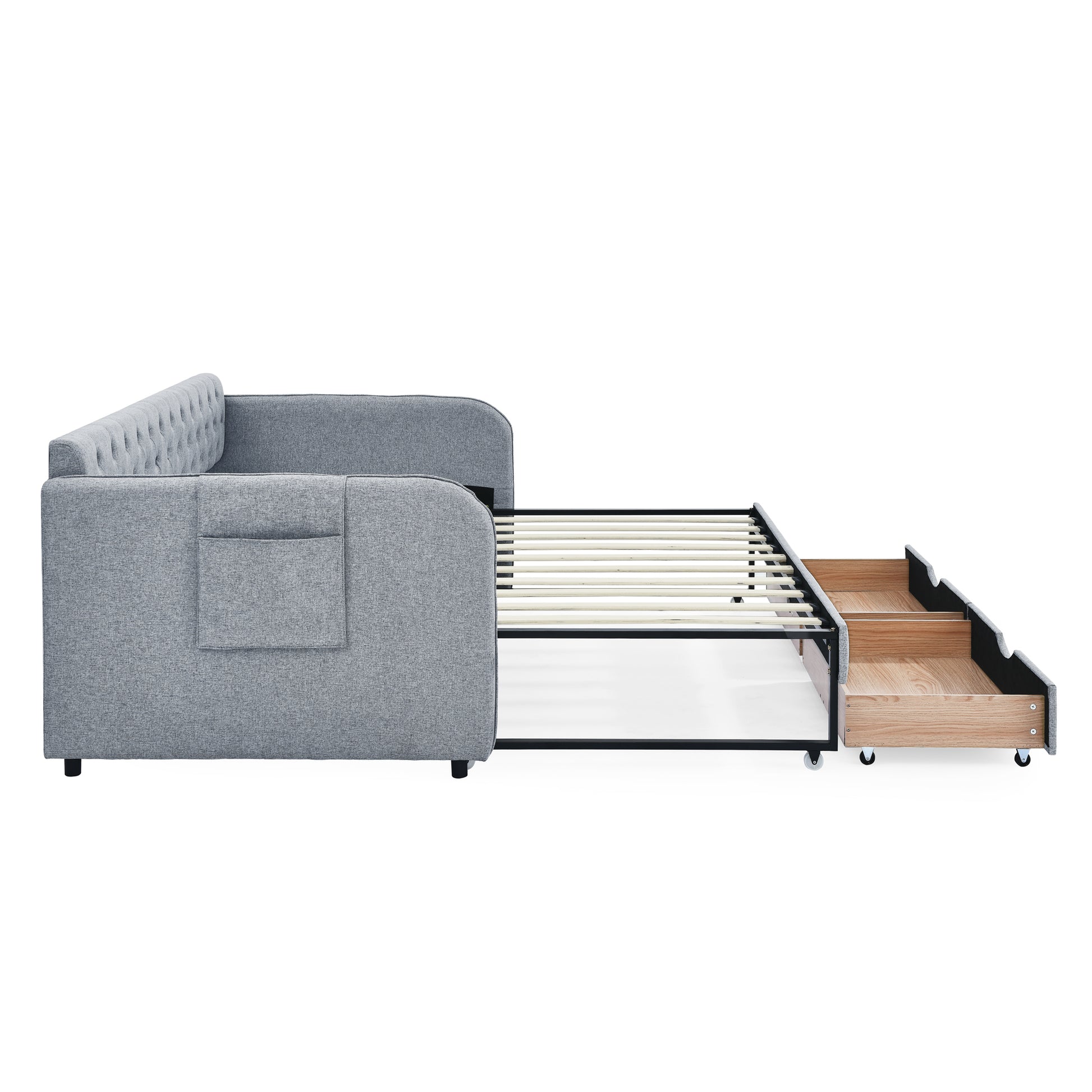 Twin Size Upholstery Daybed With Trundle Bed And Two Storage Drawersflat Arms With Pocket, Extendable Daybed For Bedroom Living Room,Linen Grey Grey Linen