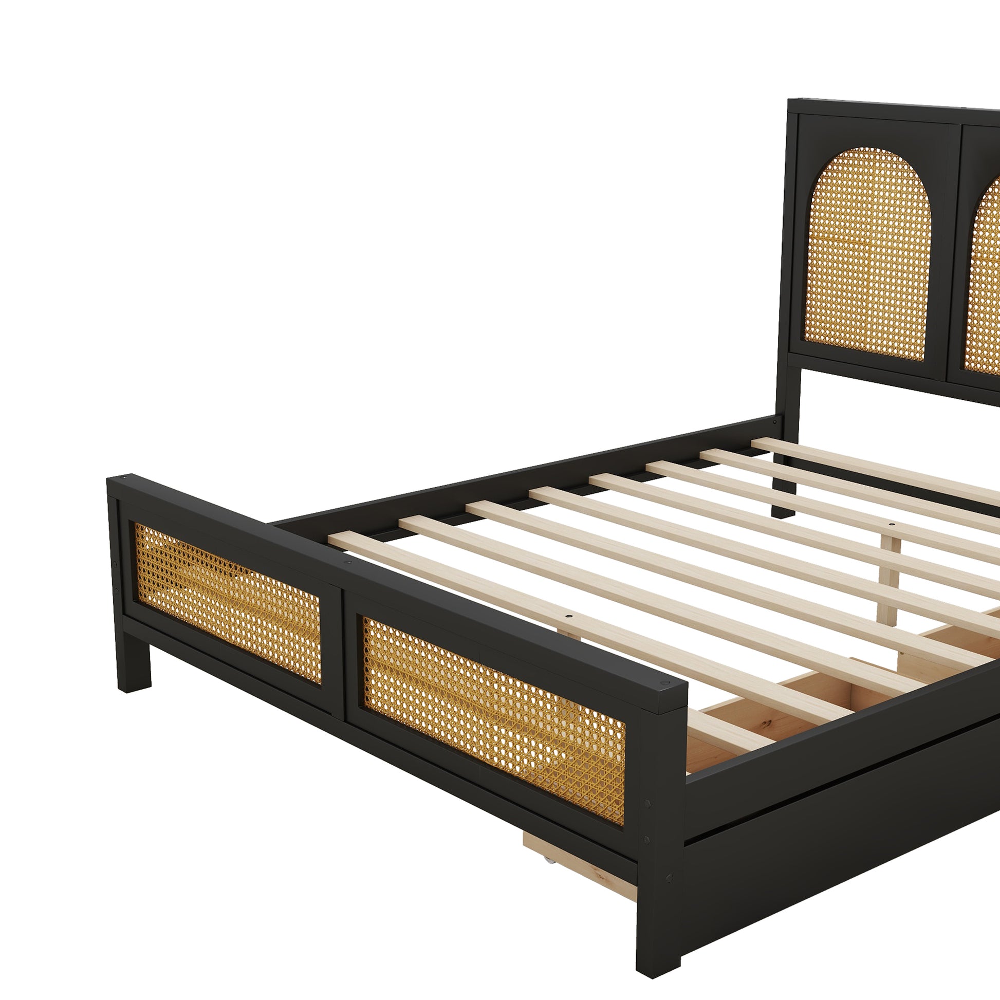 Full Size Wood Storage Platform Bed With 2 Drawers, Rattan Headboard And Footboard, Black Box Spring Not Required Full Black Wood Bathroom Wood Rattan