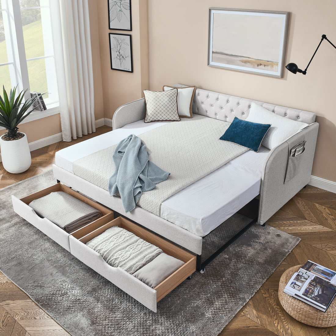 Twin Size Upholstery Daybed With Trundle Bed And Two Storage Drawersflat Arms With Pocket, Extendable Daybed For Bedroom Living Room,Linen Beige Beige Linen