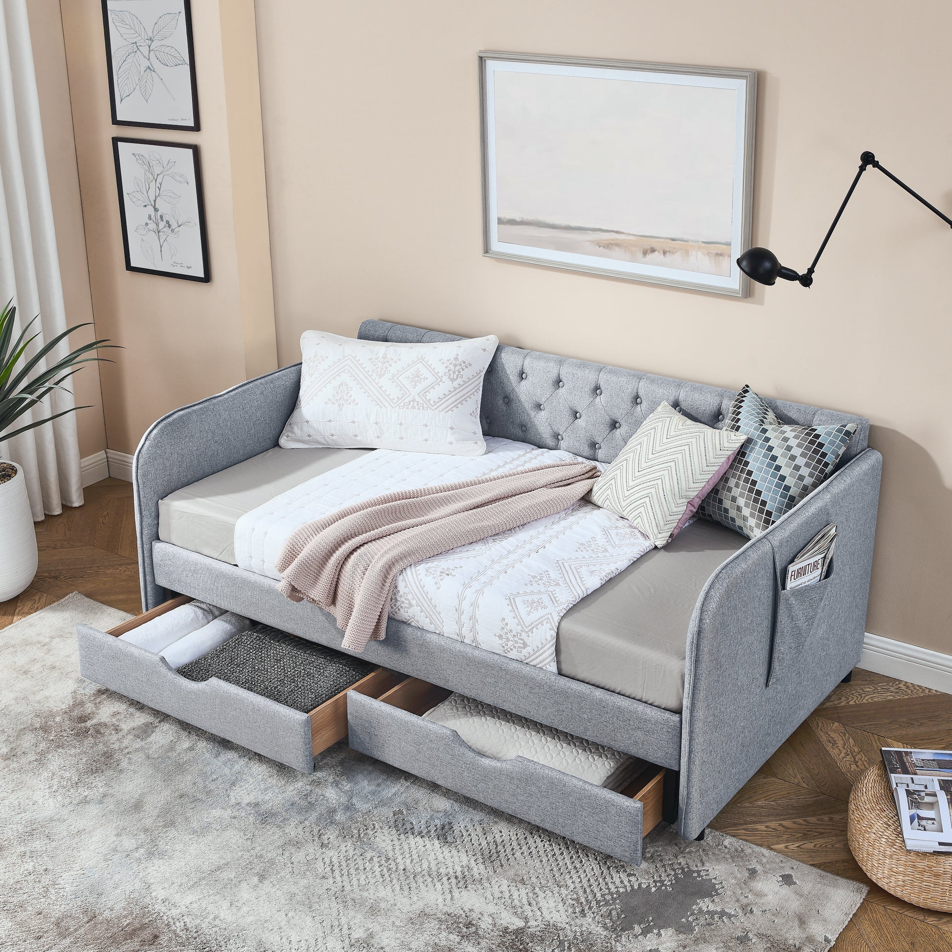 Twin Size Upholstery Daybed With Trundle Bed And Two Storage Drawersflat Arms With Pocket, Extendable Daybed For Bedroom Living Room,Linen Grey Grey Linen