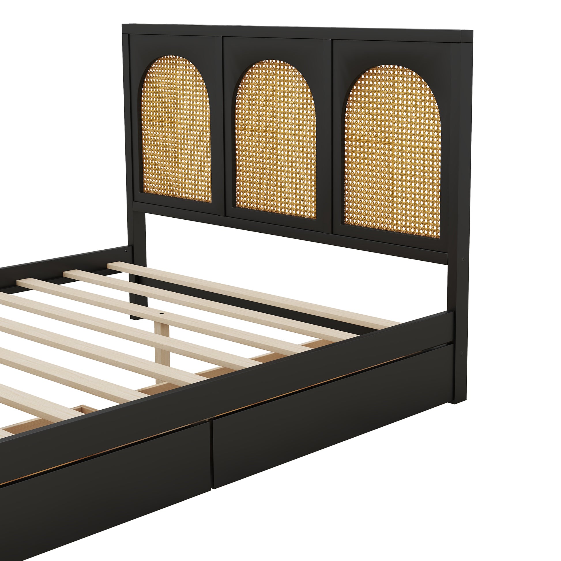 Full Size Wood Storage Platform Bed With 2 Drawers, Rattan Headboard And Footboard, Black Box Spring Not Required Full Black Wood Bathroom Wood Rattan