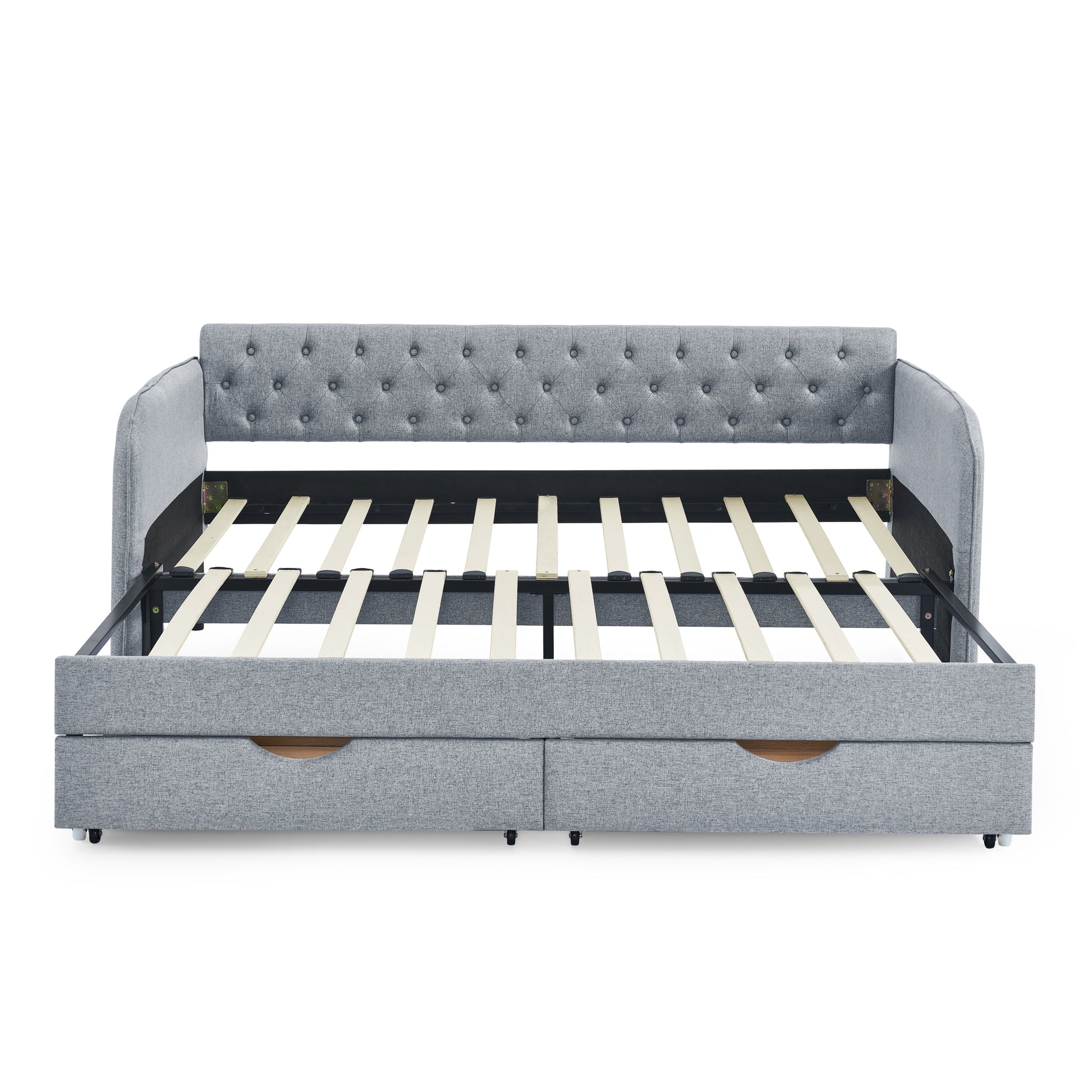 Twin Size Upholstery Daybed With Trundle Bed And Two Storage Drawersflat Arms With Pocket, Extendable Daybed For Bedroom Living Room,Linen Grey Grey Linen