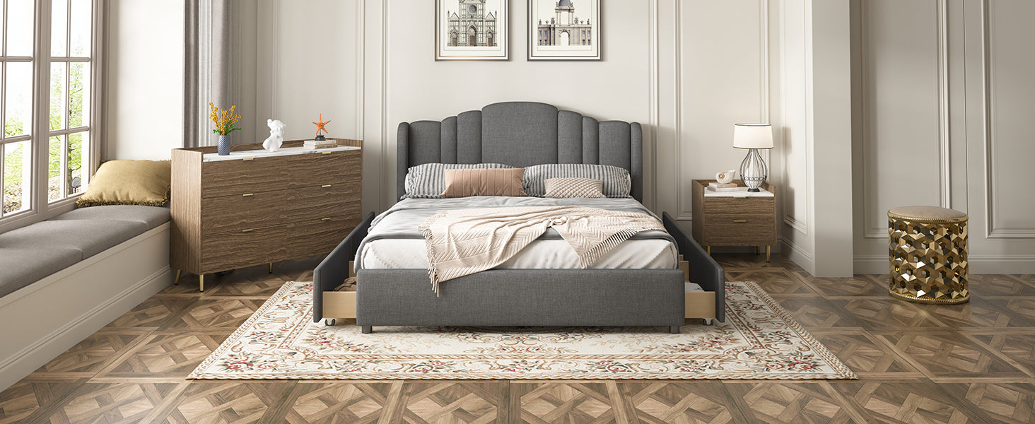3 Pieces Bedroom Sets Queen Size Upholstered Platform Bed With 4 Drawers, Marble Top Nightstand And Storage Dresser, Gray Gray Mdf