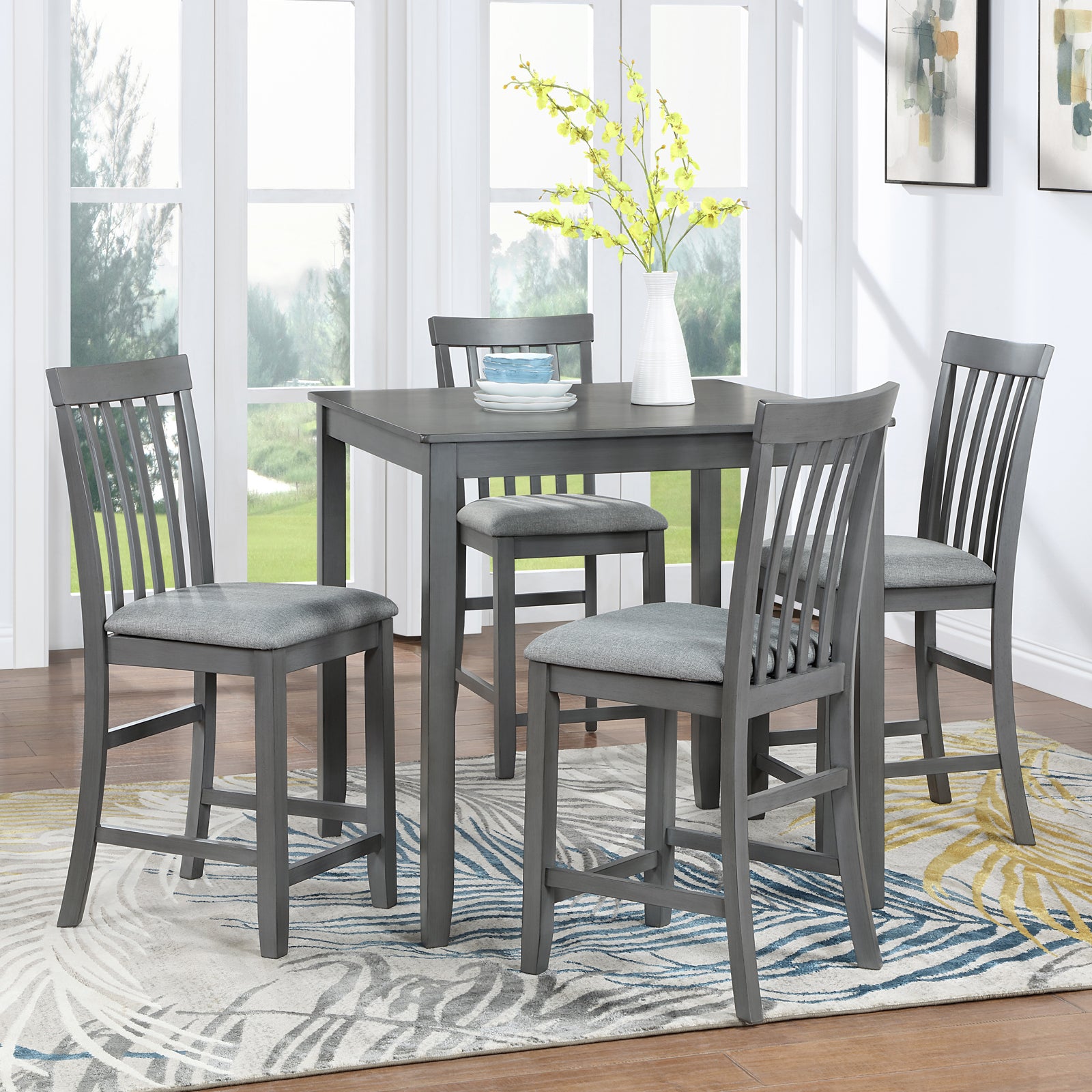 5 Piece Dining Table Set, Wooden Dining Square Table Set For 4, Counter Height Kitchen Table Set With Square Table And 4 Upholstered Chairs For Small Space, Gray Wood Gray Seats 4 Gray Wood Dining Room Acacia 4 Leg Square Dining Table With Chair Acacia