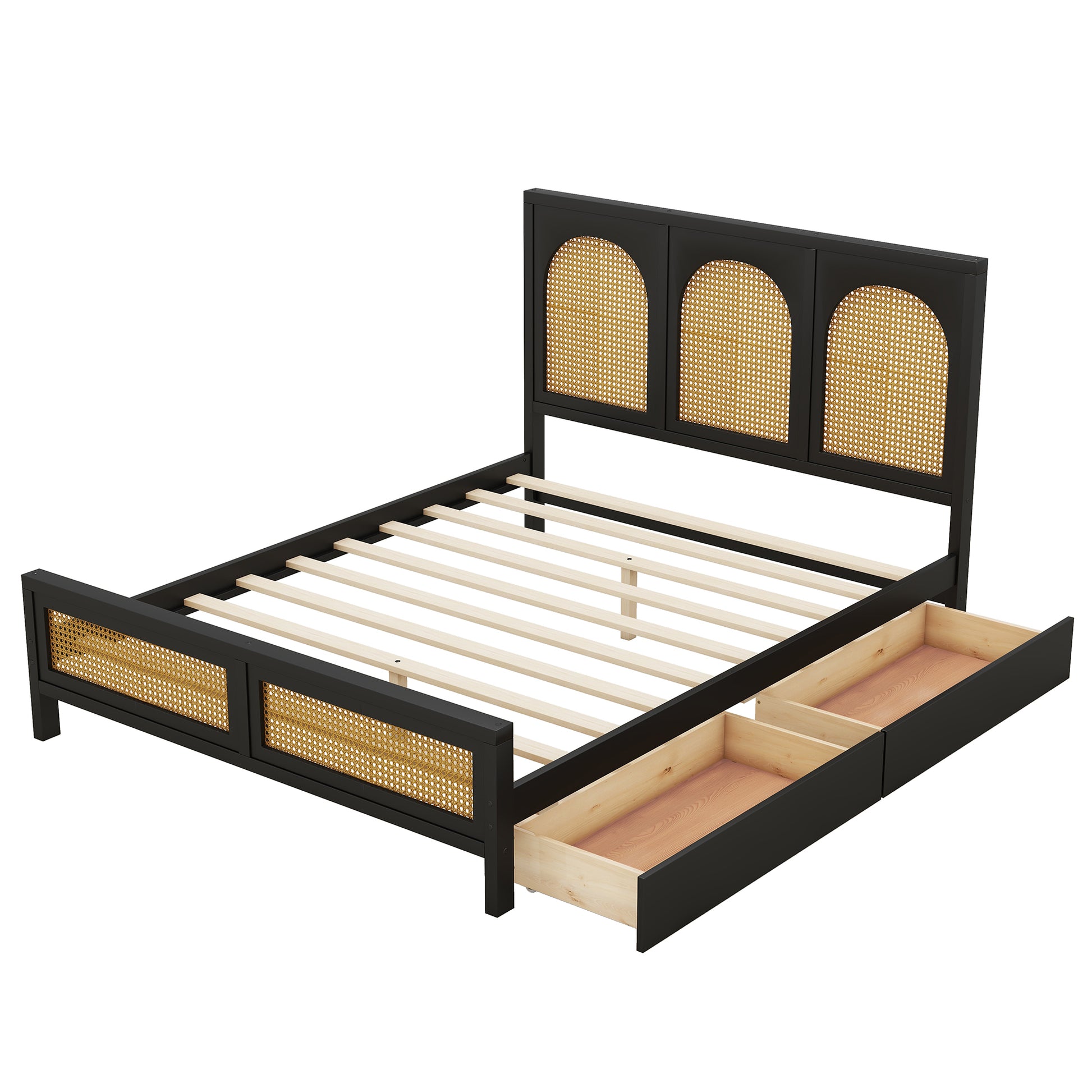 Full Size Wood Storage Platform Bed With 2 Drawers, Rattan Headboard And Footboard, Black Box Spring Not Required Full Black Wood Bathroom Wood Rattan