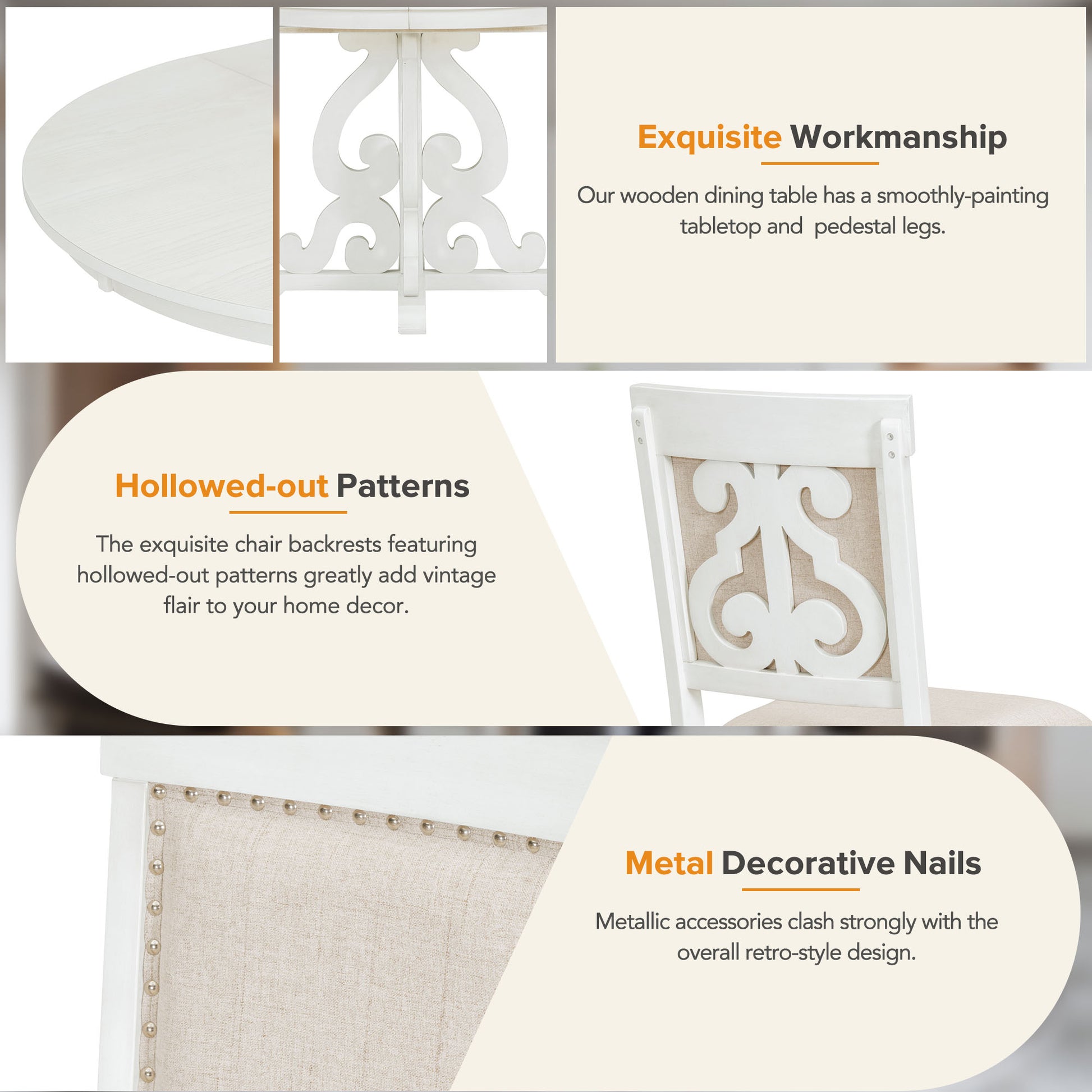 5 Piece Retro Functional Dining Set, 1 Extendable Table With A 16 Inch Leaf And 4 Upholstered Chairs For Dining Room And Kitchen Antique White Antique White Solid Wood