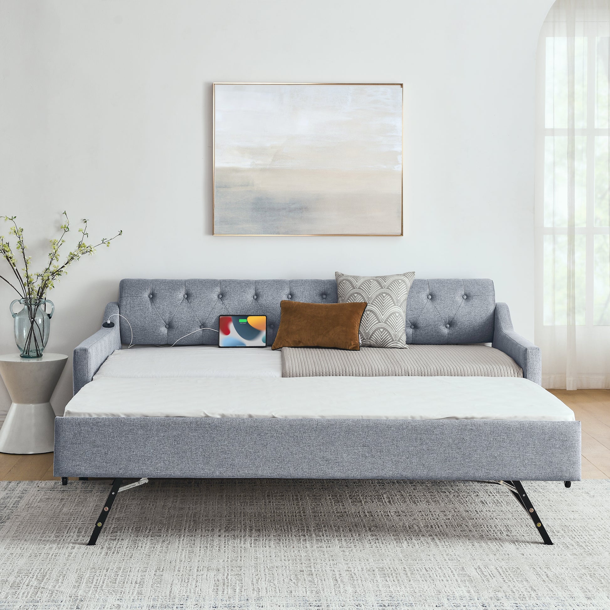 Twin Size Upholstery Daybed With Twin Size Erectable Trundle And Usb Charging Design, Linen Grey Twin Grey Linen