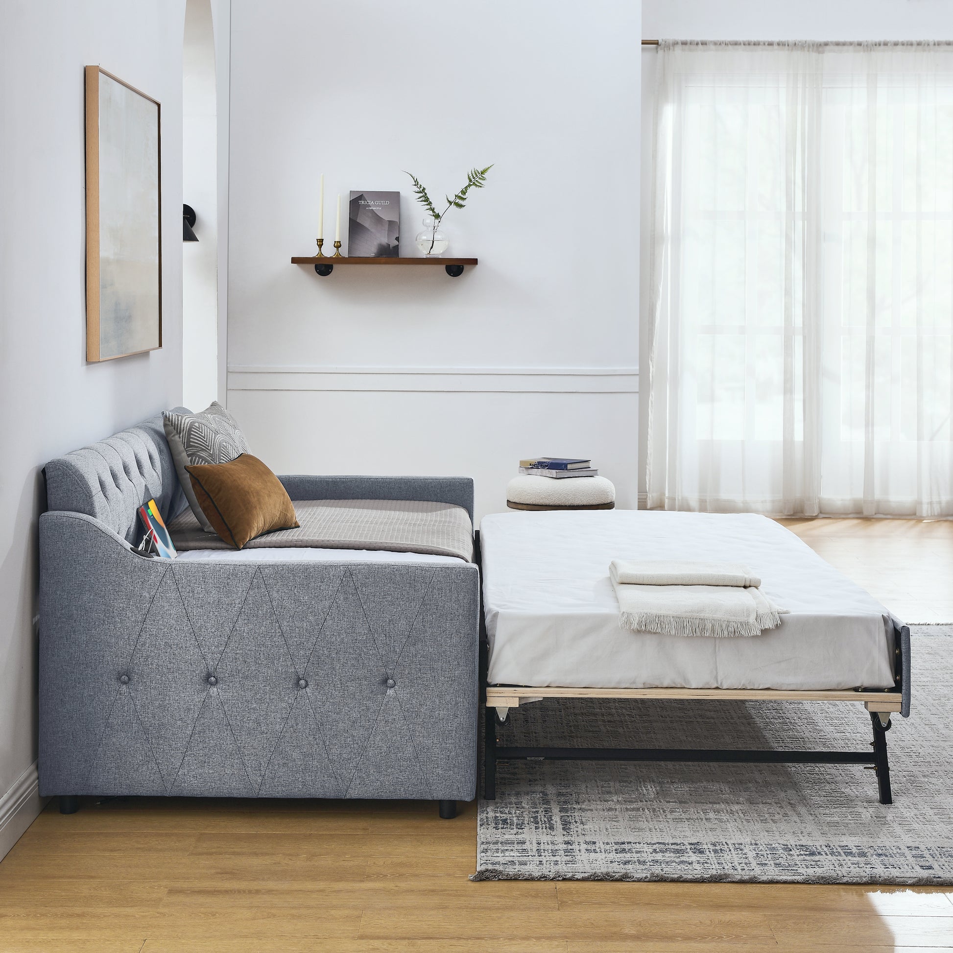 Twin Size Upholstery Daybed With Twin Size Erectable Trundle And Usb Charging Design, Linen Grey Twin Grey Linen