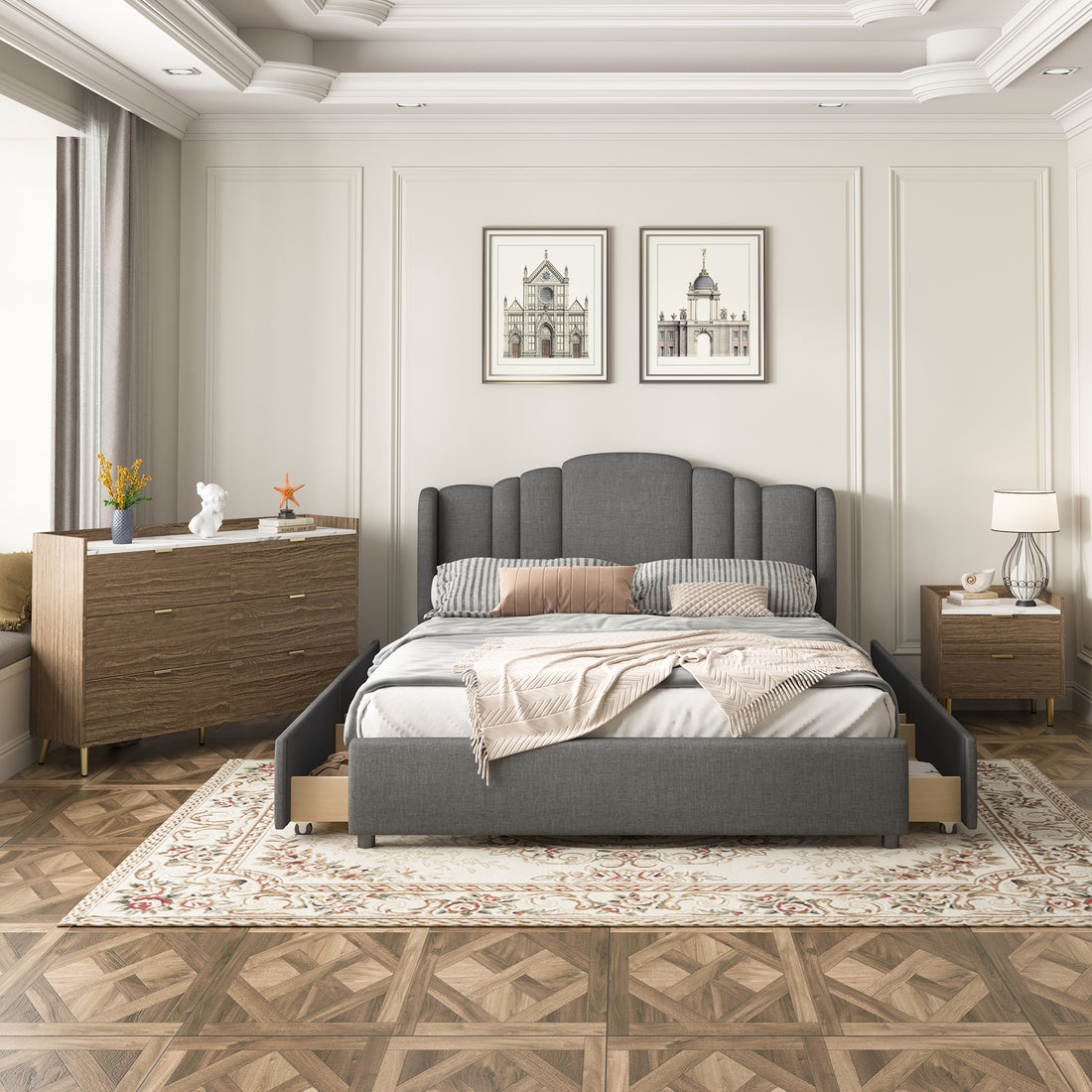 3 Pieces Bedroom Sets Queen Size Upholstered Platform Bed With 4 Drawers, Marble Top Nightstand And Storage Dresser, Gray Gray Mdf