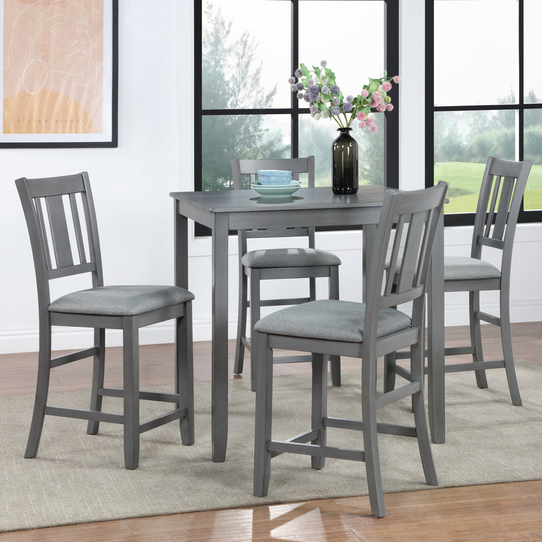 5 Piece Dining Table Set, Wooden Dining Square Table Set For 4, Counter Height Kitchen Table Set With Square Table And 4 Upholstered Chairs For Small Space, Gray Wood Gray Seats 4 Gray Wood Dining Room Acacia 4 Leg Square Dining Table With Chair Acacia