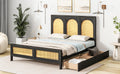 Full Size Wood Storage Platform Bed With 2 Drawers, Rattan Headboard And Footboard, Black Box Spring Not Required Full Black Wood Bathroom Wood Rattan
