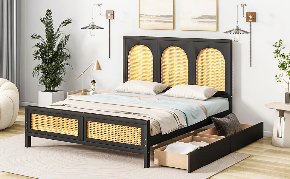 Full Size Wood Storage Platform Bed With 2 Drawers, Rattan Headboard And Footboard, Black Box Spring Not Required Full Black Wood Bathroom Wood Rattan