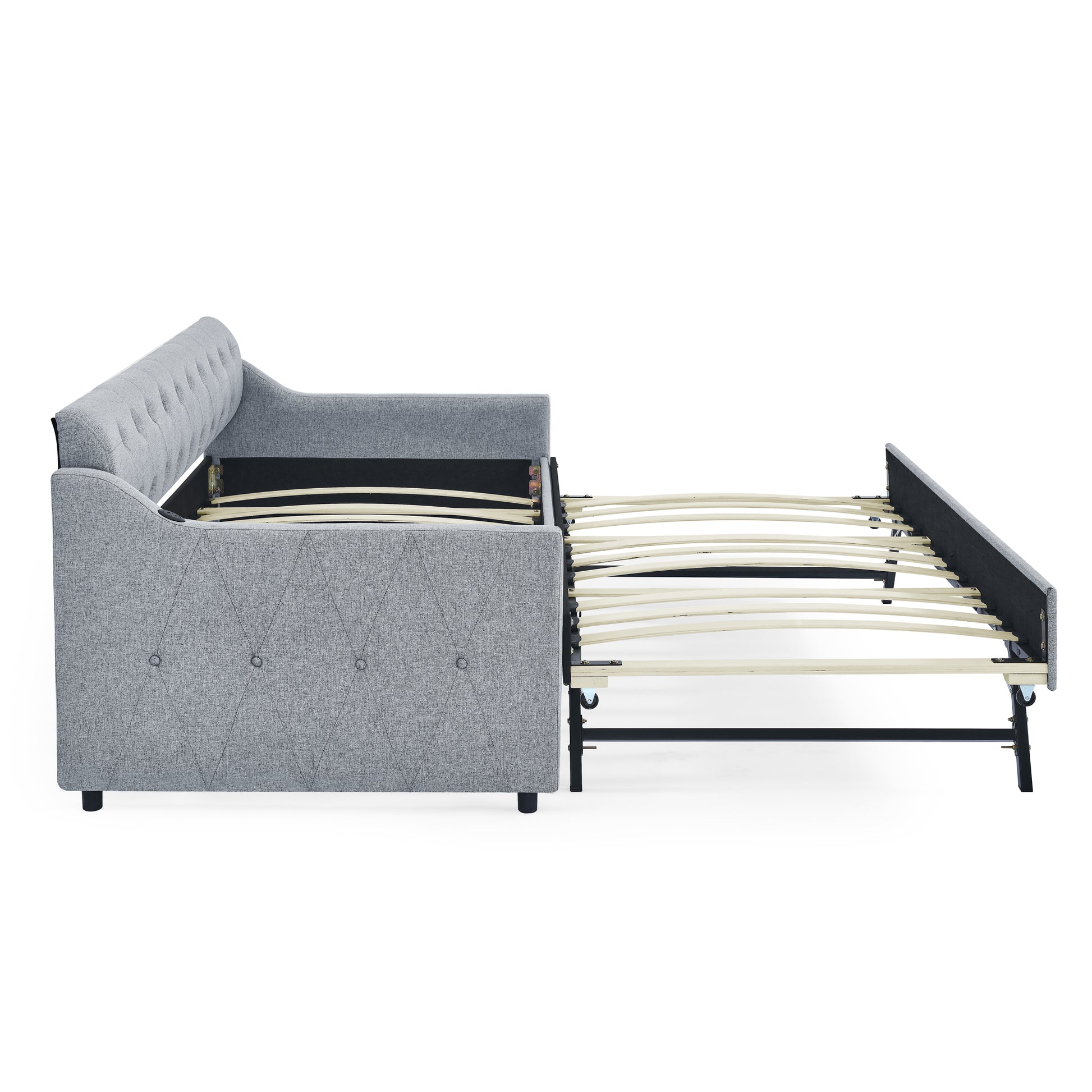 Twin Size Upholstery Daybed With Twin Size Erectable Trundle And Usb Charging Design, Linen Grey Twin Grey Linen