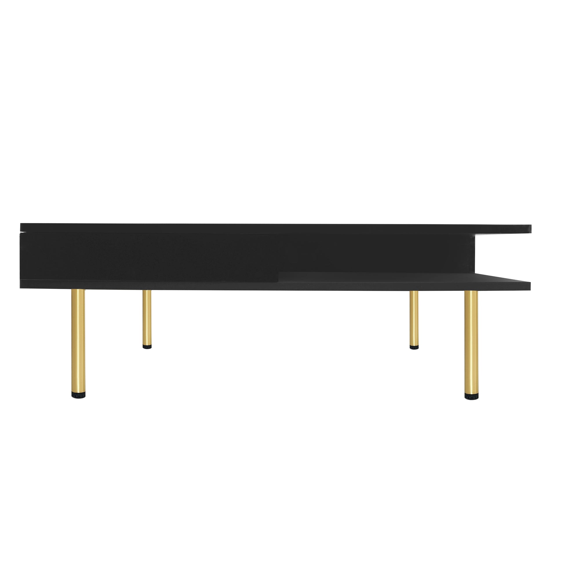 Exquisite High Gloss Coffee Table With 4 Golden Legs And 2 Small Drawers, 2 Tier Square Center Table For Living Room, Black Black Primary Living Space Particle Board