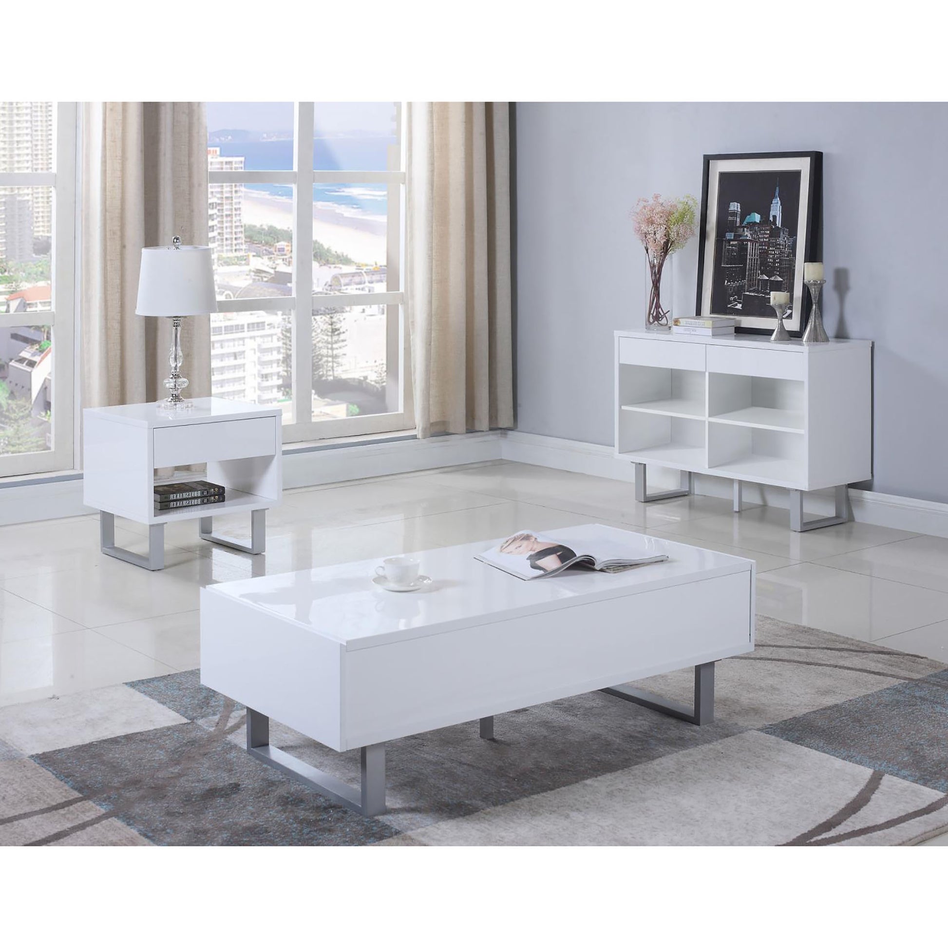 High Glossy White 1 Drawer End Table White Primary Living Space Contemporary,Modern Rectangular Drawers Coffee & End Tables Brushed Wood Sled