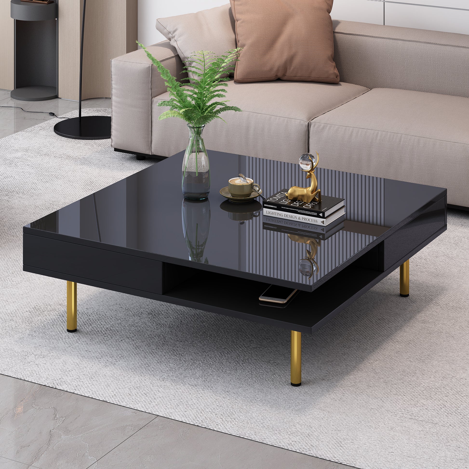 Exquisite High Gloss Coffee Table With 4 Golden Legs And 2 Small Drawers, 2 Tier Square Center Table For Living Room, Black Black Primary Living Space Particle Board