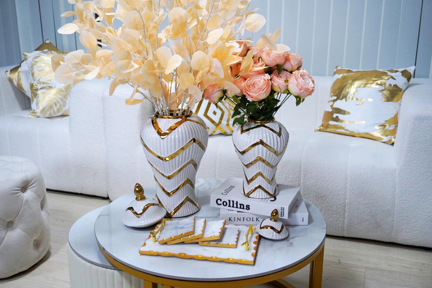 Timeless White Gilded Waves Ginger Jar With Removable Lid White Ceramic