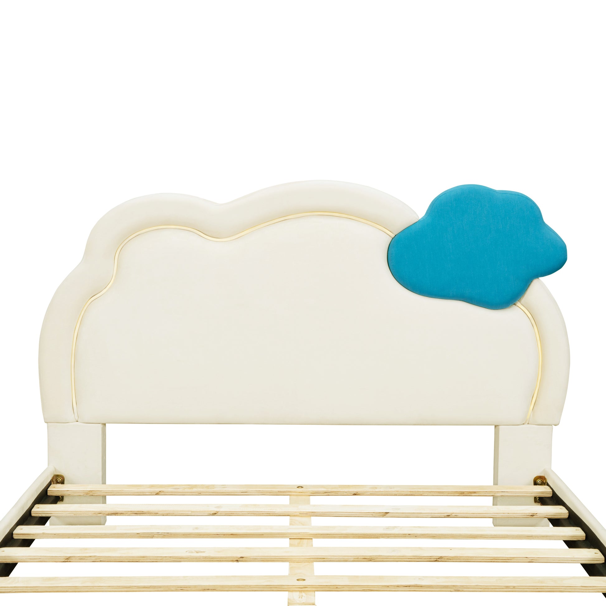 Full Size Upholstered Platform Bed With Cloud Shaped Headboard And Embedded Light Stripe, Velvet, Beige Beige Velvet