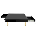 Exquisite High Gloss Coffee Table With 4 Golden Legs And 2 Small Drawers, 2 Tier Square Center Table For Living Room, Black Black Primary Living Space Particle Board