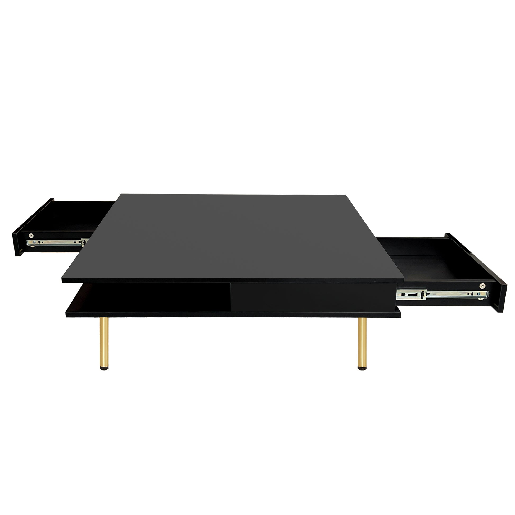 Exquisite High Gloss Coffee Table With 4 Golden Legs And 2 Small Drawers, 2 Tier Square Center Table For Living Room, Black Black Primary Living Space Particle Board