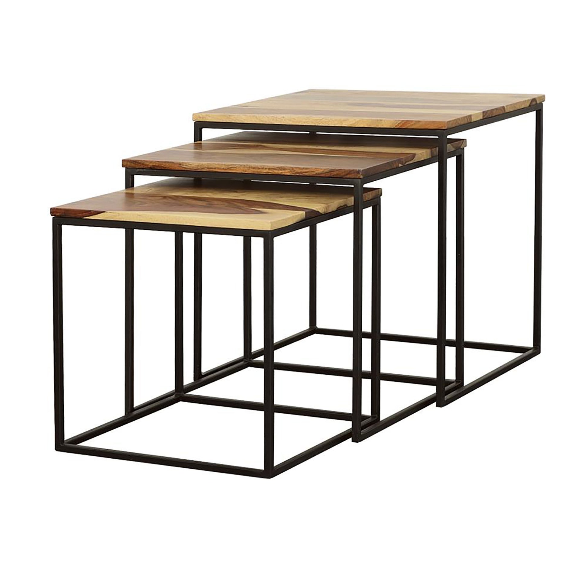 Natural And Black 3 Piece Nesting Table Brown Primary Living Space Farmhouse,Rustic Tabeltop Sheesham Square Coffee & End Tables Powder Coated Metal Parsons