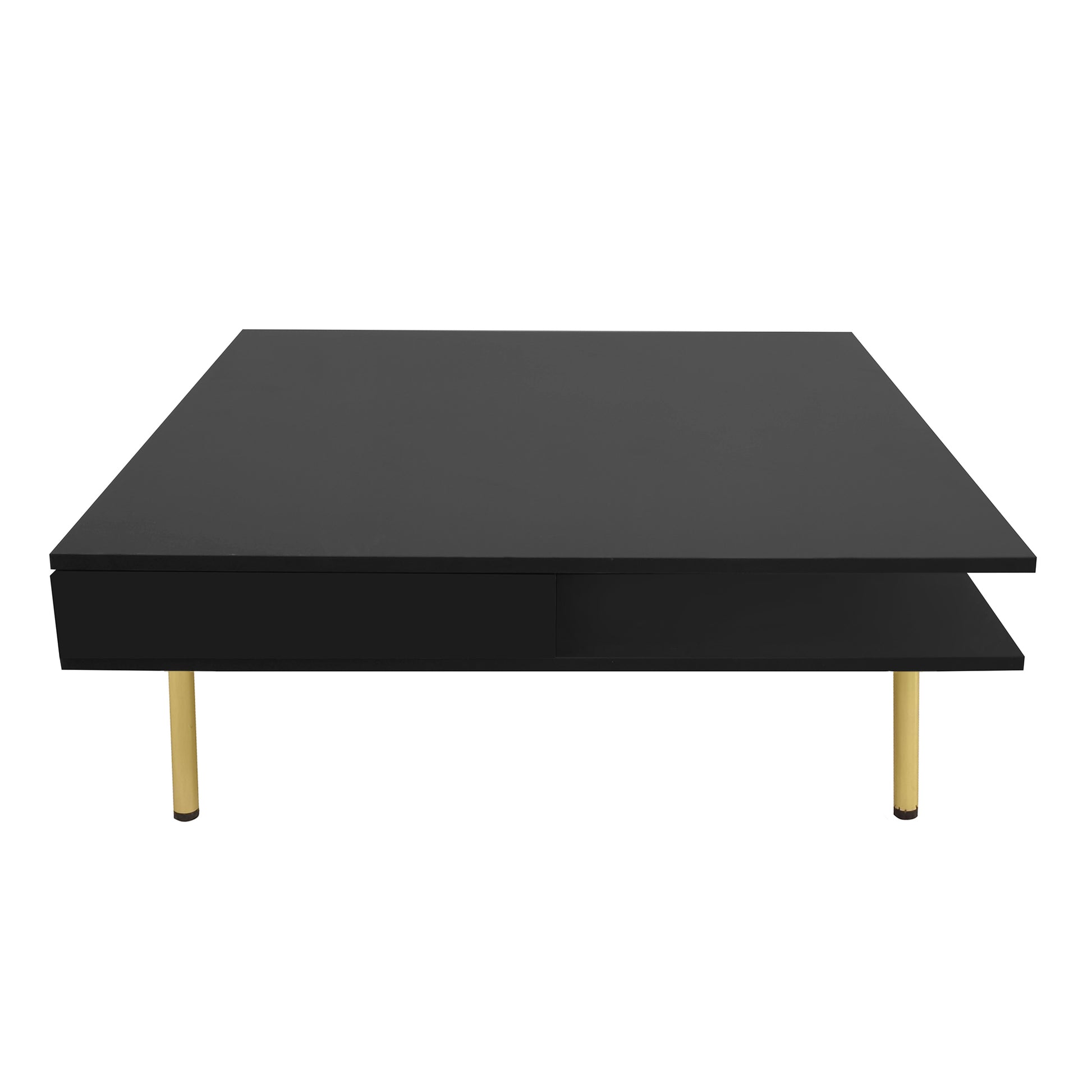Exquisite High Gloss Coffee Table With 4 Golden Legs And 2 Small Drawers, 2 Tier Square Center Table For Living Room, Black Black Primary Living Space Particle Board