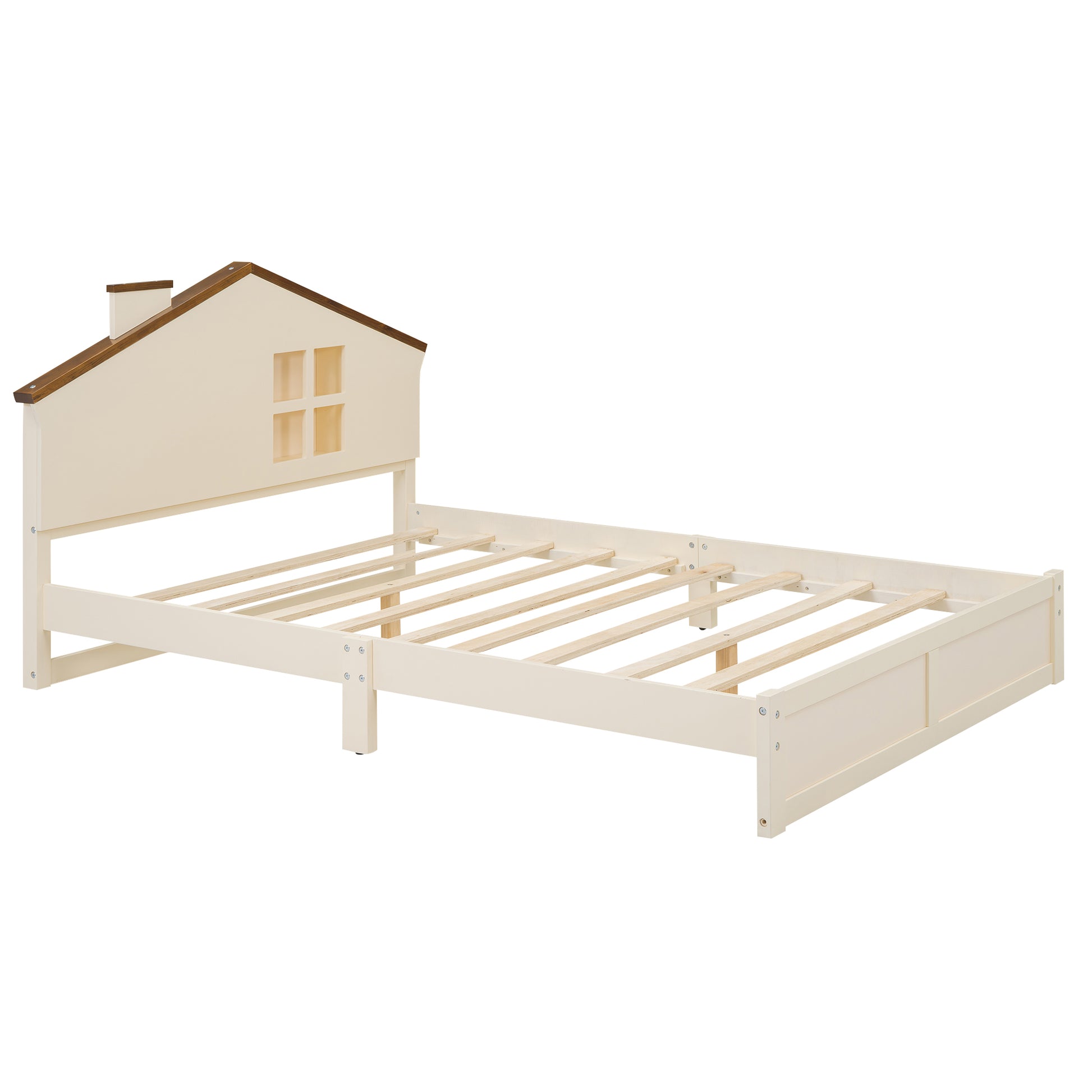 Full Size Wood Platform Bed With House Shaped Headboard And Built In Led, Walnut Milk White Box Spring Not Required Full White Wood Bedroom Solid Wood Mdf