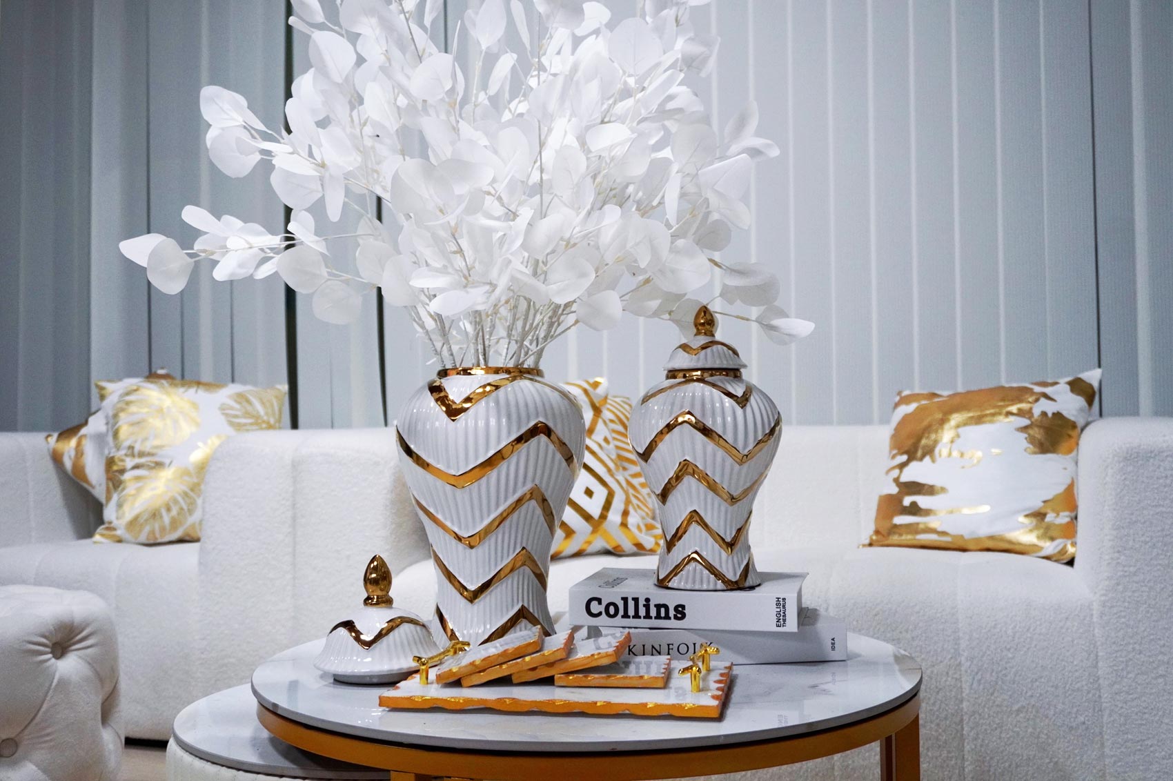 Timeless White Gilded Waves Ginger Jar With Removable Lid White Ceramic