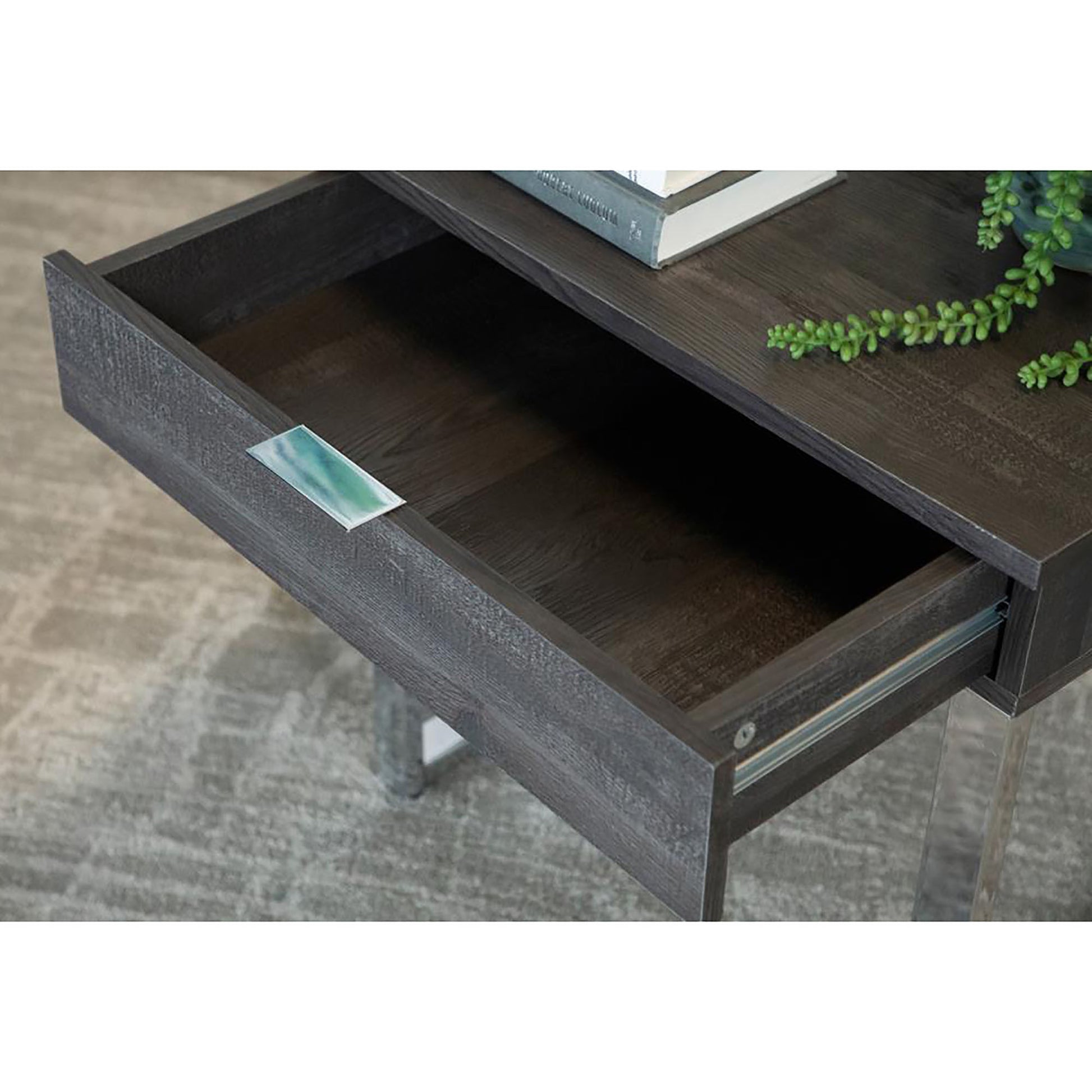 Dark Charcoal And Chrome 1 Drawer End Table Grey Distressed Finish Primary Living Space Contemporary,Modern Rectangular Drawers Coffee & End Tables Wood Sled