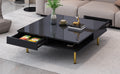 Exquisite High Gloss Coffee Table With 4 Golden Legs And 2 Small Drawers, 2 Tier Square Center Table For Living Room, Black Black Primary Living Space Particle Board
