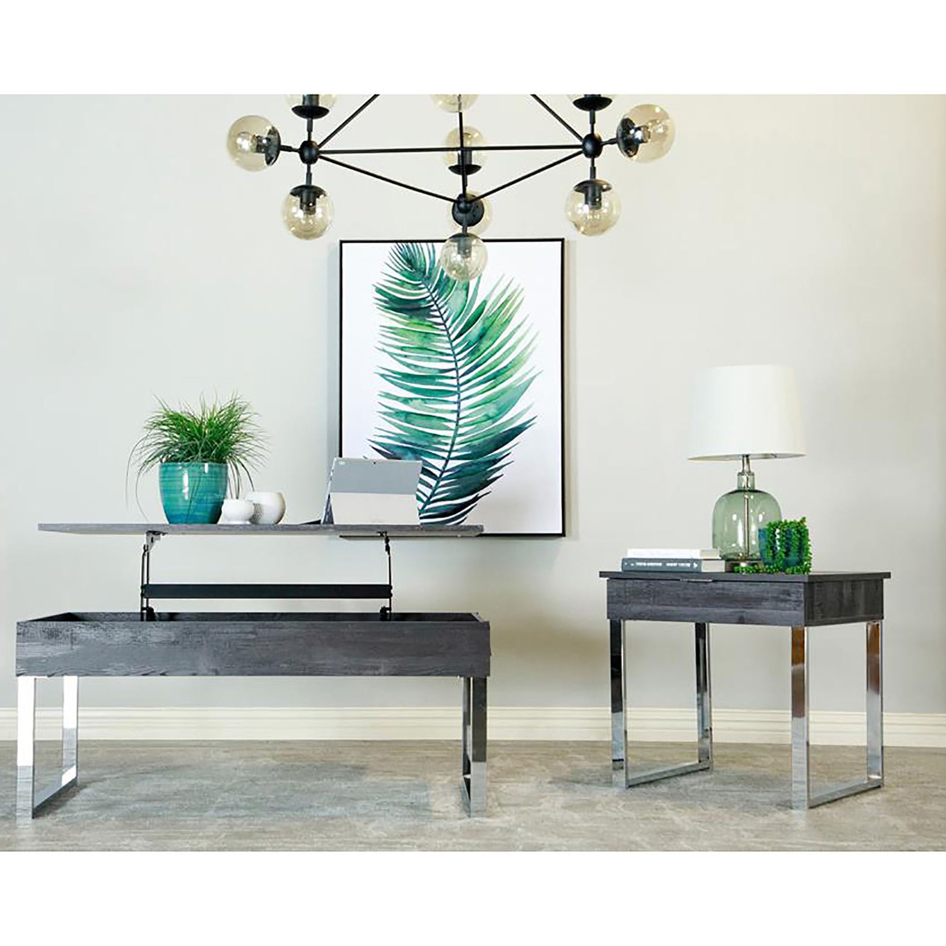 Dark Charcoal And Chrome 1 Drawer End Table Grey Distressed Finish Primary Living Space Contemporary,Modern Rectangular Drawers Coffee & End Tables Wood Sled