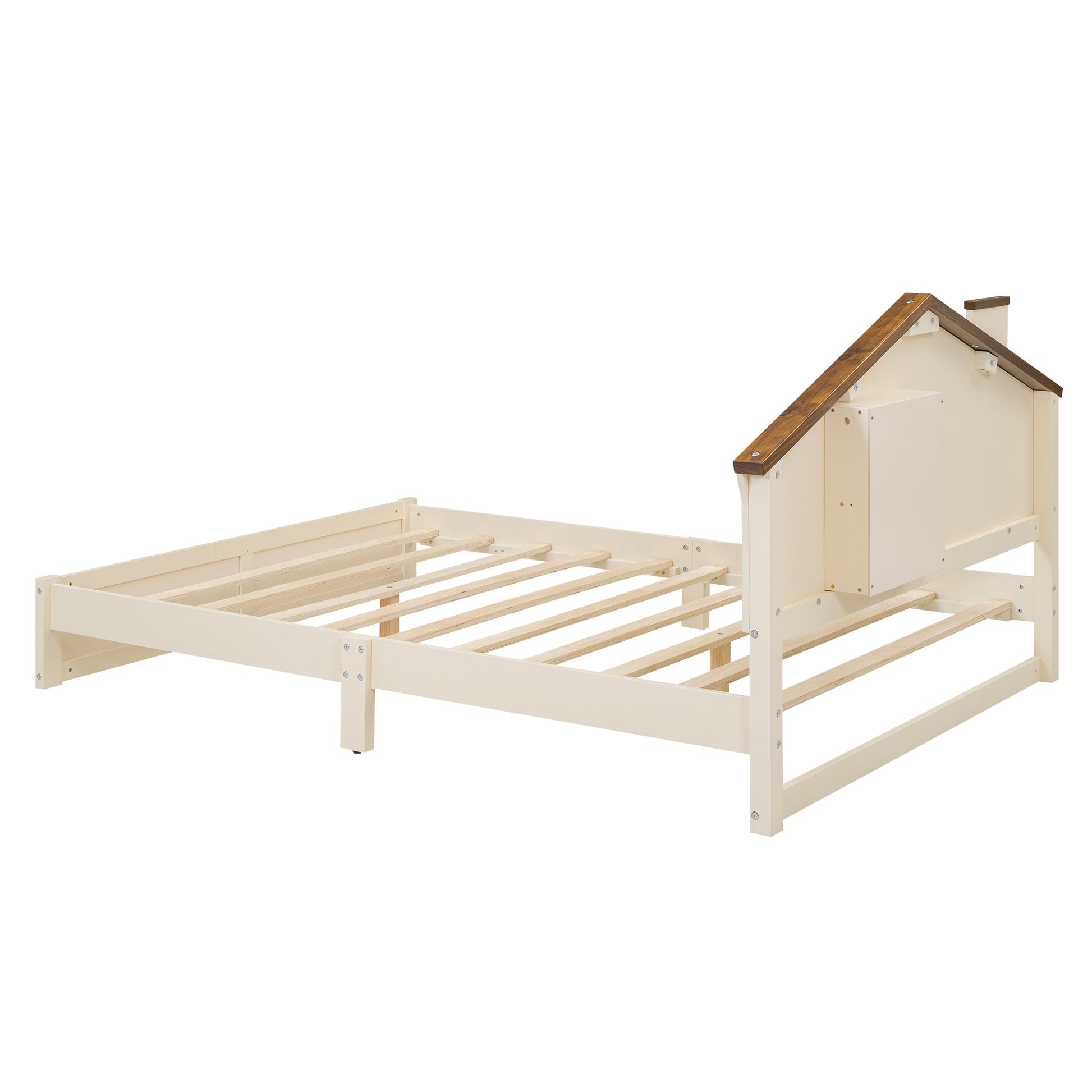 Full Size Wood Platform Bed With House Shaped Headboard And Built In Led, Walnut Milk White Box Spring Not Required Full White Wood Bedroom Solid Wood Mdf