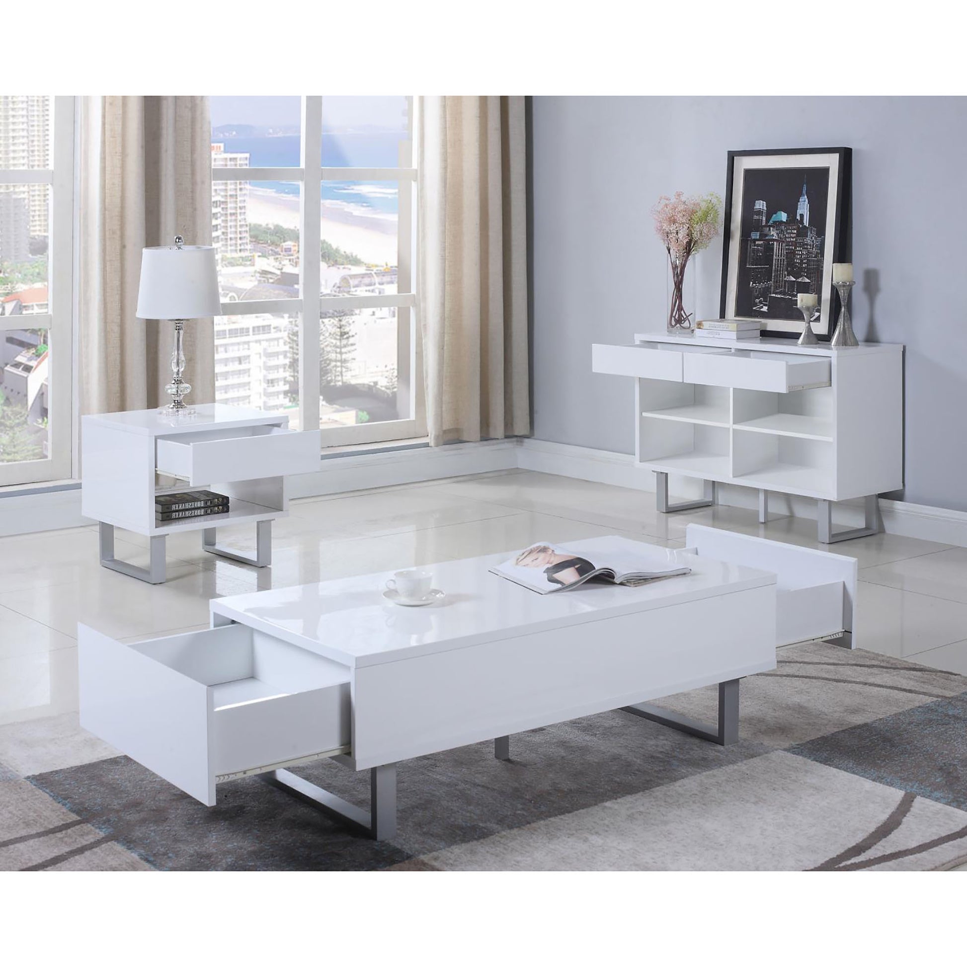 High Glossy White 1 Drawer End Table White Primary Living Space Contemporary,Modern Rectangular Drawers Coffee & End Tables Brushed Wood Sled