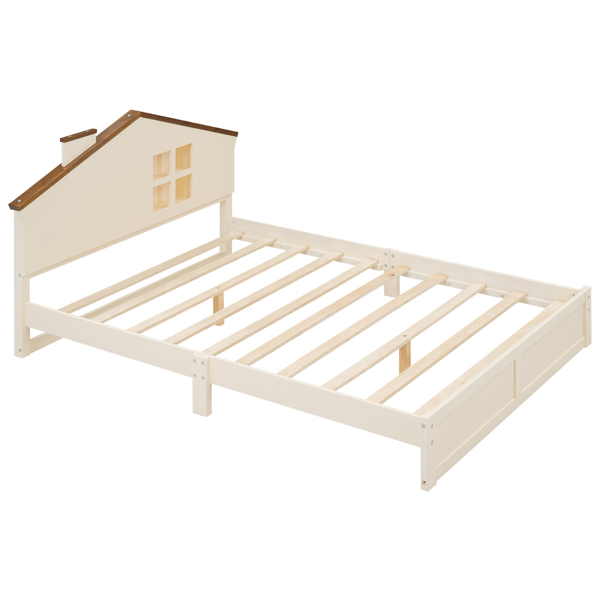 Full Size Wood Platform Bed With House Shaped Headboard And Built In Led, Walnut Milk White Box Spring Not Required Full White Wood Bedroom Solid Wood Mdf