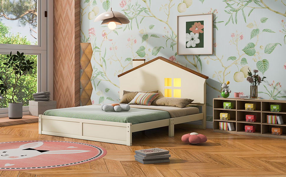 Full Size Wood Platform Bed With House Shaped Headboard And Built In Led, Walnut Milk White Box Spring Not Required Full White Wood Bedroom Solid Wood Mdf