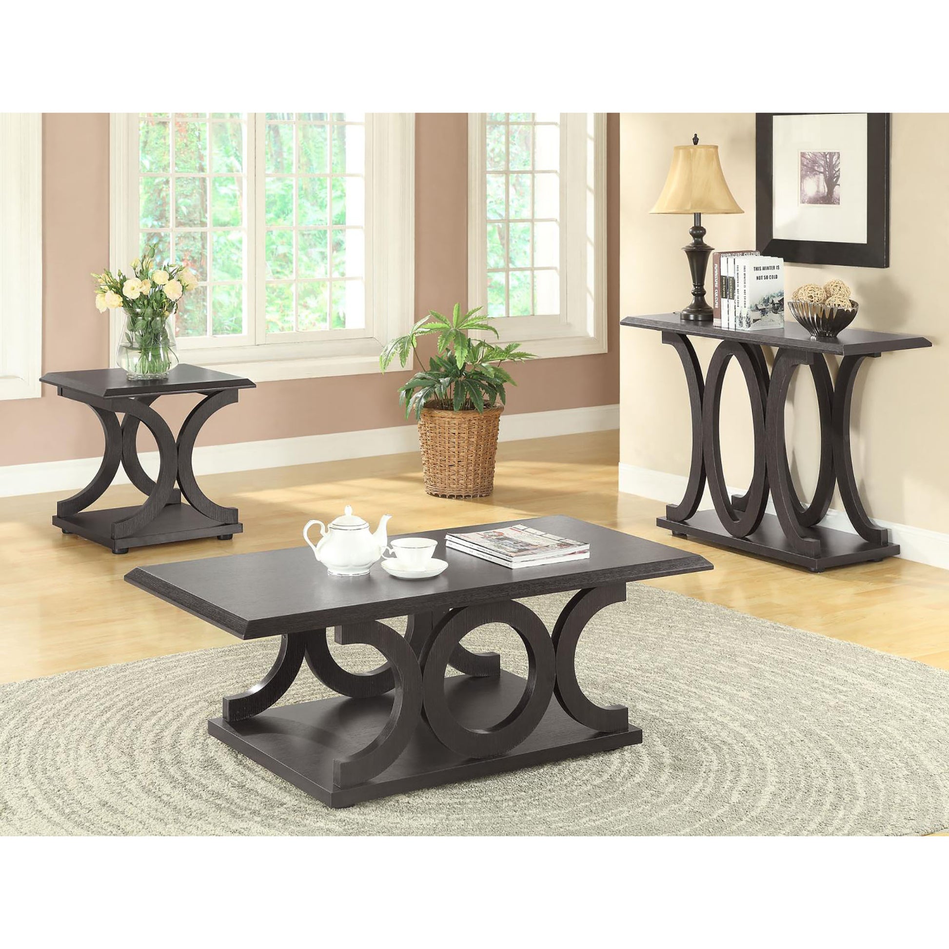 Cappuccino C Shaped Coffee Table Brown Primary Living Space Transitional Rectangular Shelves Coffee & End Tables Wood