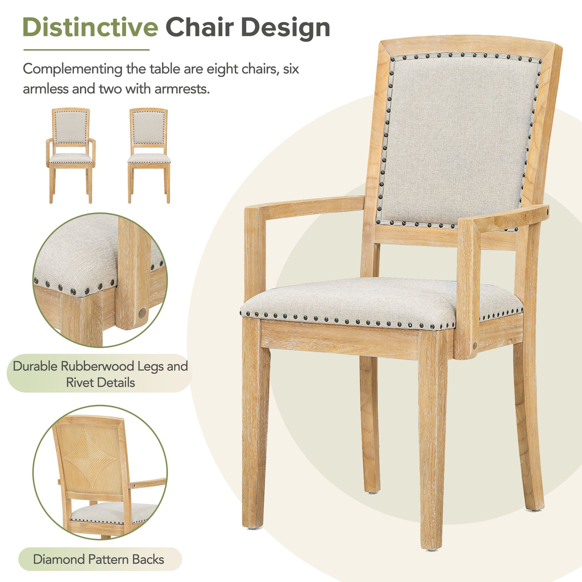 Rustic Extendable 84Inch Dining Table Set With 24Inch Removable Leaf6 Upholstered Armless Dining Chairs And 2 Padded Arm Chairs, 9 Pieces, Natural Wood Dining Room Extendable Rubberwood Rectangular Dining Table With Chair Upholstered Chair Wood Natural