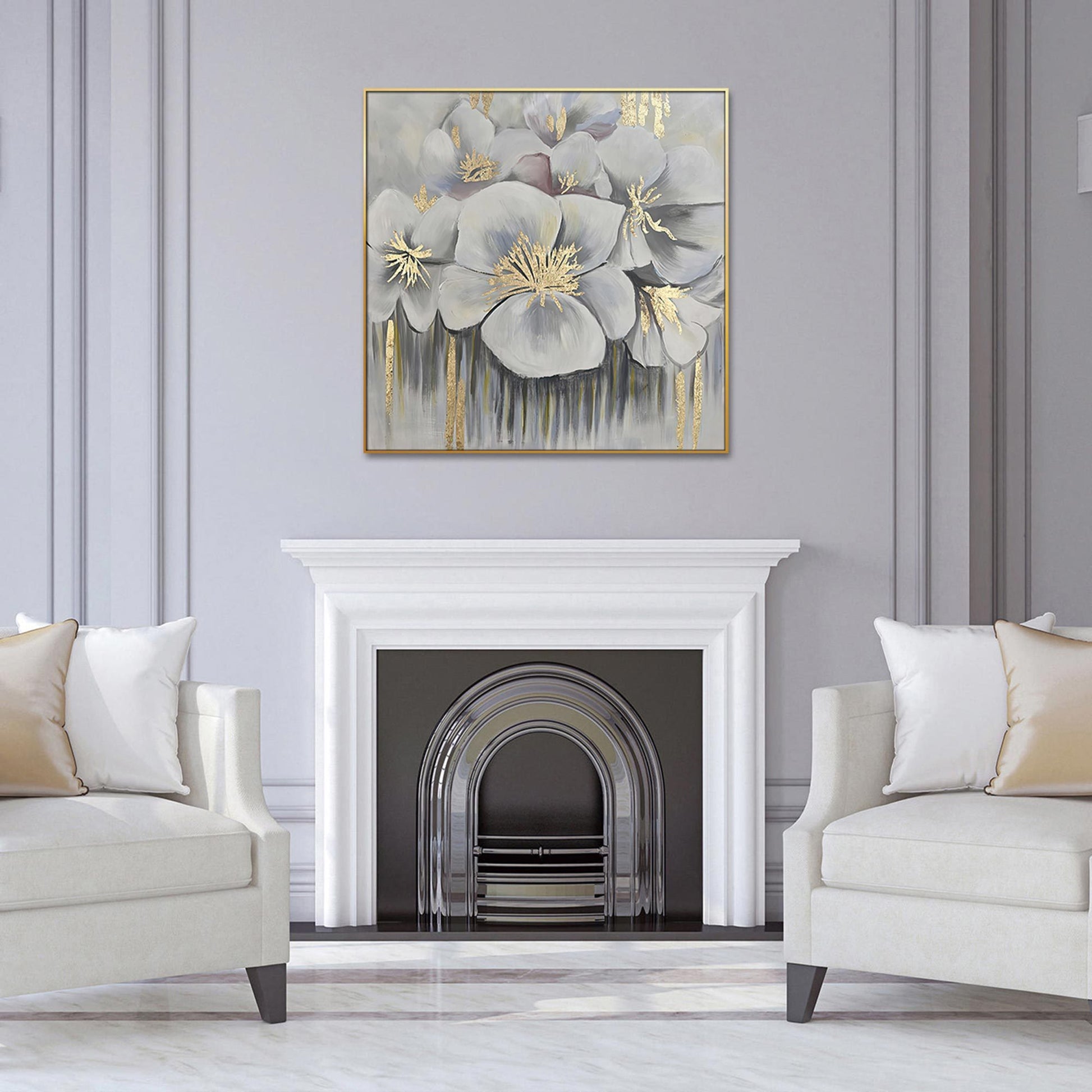 Home Hand Painted "Golden Anther Blossoms" Oil Painting 48"H X 48" W White Gold Canvas