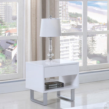 High Glossy White 1 Drawer End Table White Primary Living Space Contemporary,Modern Rectangular Drawers Coffee & End Tables Brushed Wood Sled