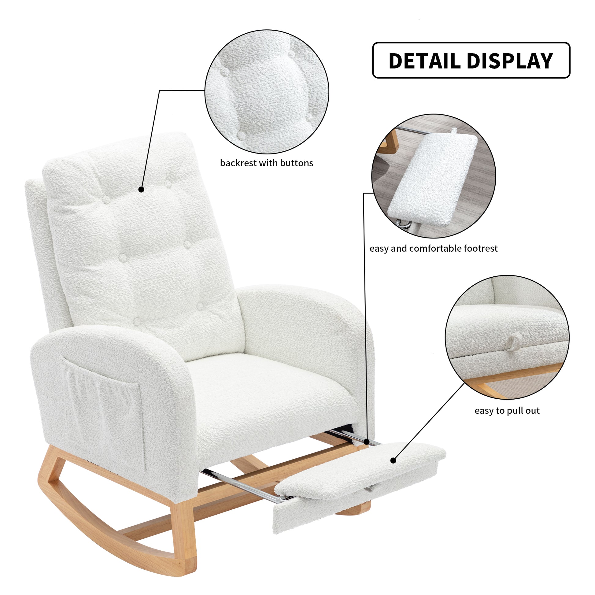 Accent Rocking Chair With Footrest High Back Rubber Wood Rocking Legs Bedroom Living Space26.77D X 38.36W X 39.76H Inch White Primary Living Space Casual Accent Chairs Rubberwood Foam Foam Spring