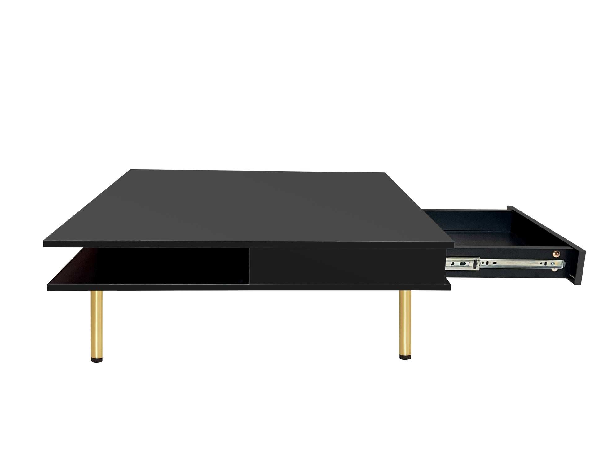 Exquisite High Gloss Coffee Table With 4 Golden Legs And 2 Small Drawers, 2 Tier Square Center Table For Living Room, Black Black Primary Living Space Particle Board