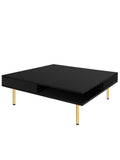 Exquisite High Gloss Coffee Table With 4 Golden Legs And 2 Small Drawers, 2 Tier Square Center Table For Living Room, Black Black Primary Living Space Particle Board