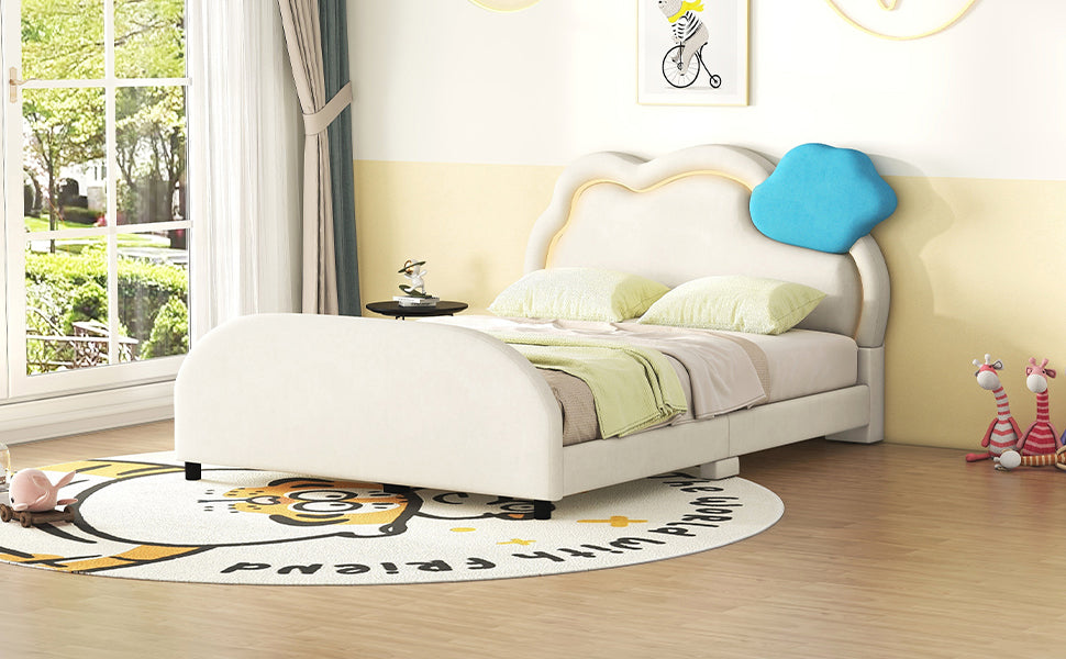 Full Size Upholstered Platform Bed With Cloud Shaped Headboard And Embedded Light Stripe, Velvet, Beige Beige Velvet