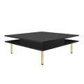 Exquisite High Gloss Coffee Table With 4 Golden Legs And 2 Small Drawers, 2 Tier Square Center Table For Living Room, Black Black Primary Living Space Particle Board