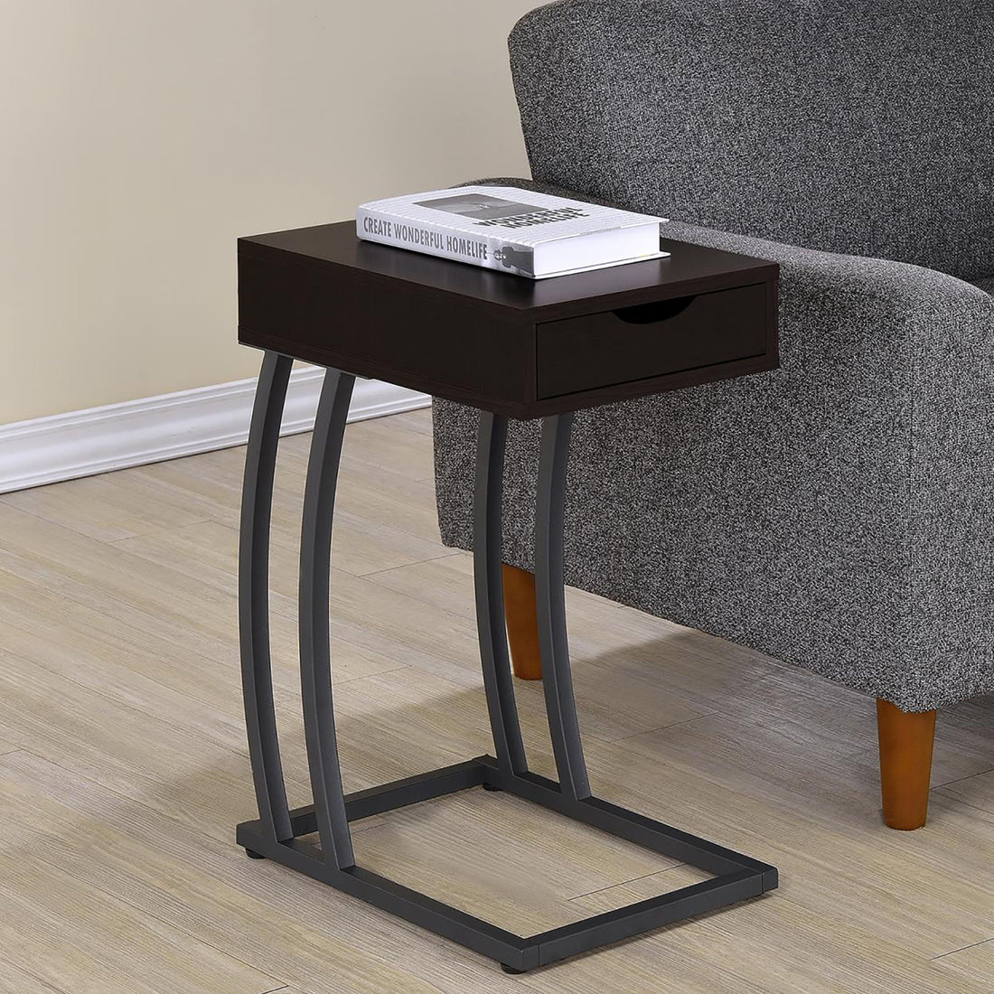 Cappuccino And Gunmetal Hi Tech Accent Table Brown Built In Outlets Or Usb Primary Living Space Contemporary,Modern Rectangular Drawers Coffee & End Tables Wood