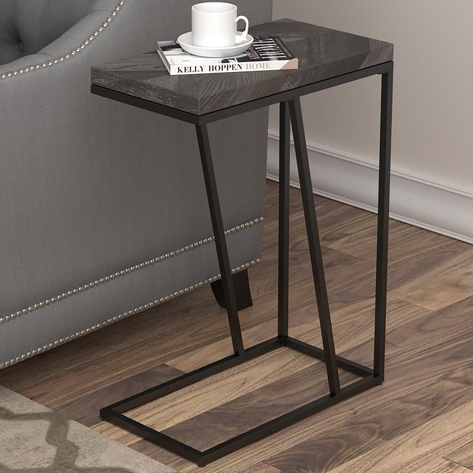 Rustic Grey Herringbone And Sandy Black Accent Table Grey Gray Primary Living Space Industrial Rectangular Coffee & End Tables Metal